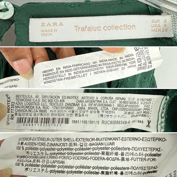 Zara Trafaluc Blouse Small Green Embroidered Ruffle Peplum Top Short Sleeves - Picture 8 of 16